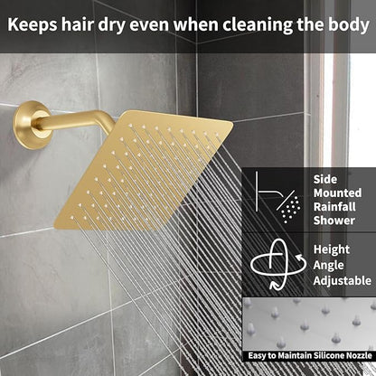 Shower Faucet Set Brushed Gold Shower System, Temperature Display Shower Faucet with 12 inch Ceiling Mount and 8 inch Wall Mount Shower Head, with 6 PCS Body Jet and Handheld Spray