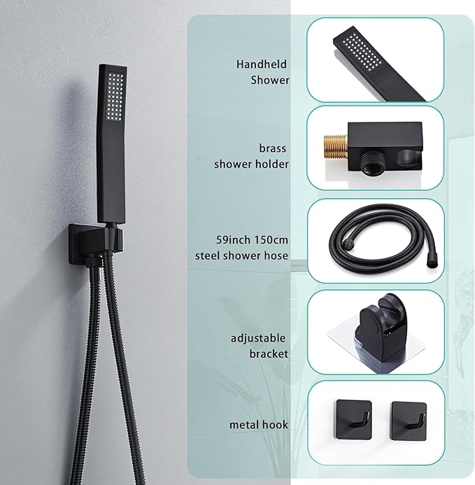8 Inch Shower Faucet Set, Ceiling Mounted Rainfall Shower System with High Pressure Handheld Shower Head, Bathroom Mixer Shower Set Rough-in Valve and Trim Kit, Matte Black, with Tub Spout