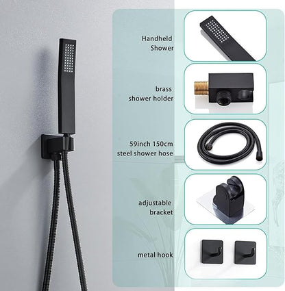 10 Inch Shower Faucet Set, Ceiling Mounted Rainfall Shower System with High Pressure Handheld Shower Head, Bathroom Mixer Shower Set Rough-in Valve and Trim Kit, Matte Black, with Tub Spout