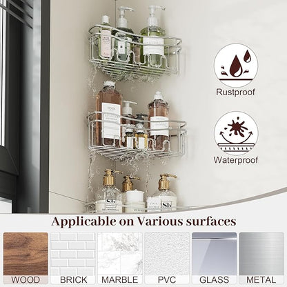 Chrome Shower Caddy Corner, 3-Pack Adhesive Shower Shelves for Inside Shower, Rustproof Bathroom Organizer Corner with Built-in Hooks, No Drilling Bathroom Storage for Bath Accessories