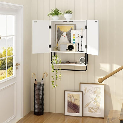 RUSTOWN Fluted Bathroom Wall Cabinet with 2 Doors, 3-Tier Modern Farmhouse Medicine Cabinet, Over The Toilet Storage Cabinet with Adjustable Shelf and Towel Bar (White, Medium)