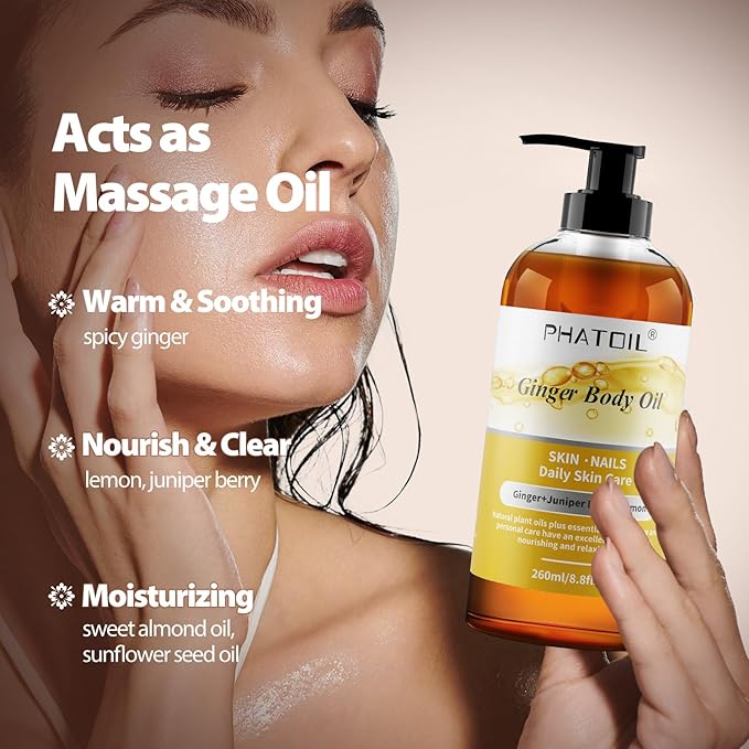 PHATOIL Ginger Oil for Body Massage,Gua Sha, Lymphatic Drainage, 260ML Large Bottle Body Oils for Moisturizing and Nourish Skin, Premium Ginger Body Massage Oil for All Skin Types(8.8oz)