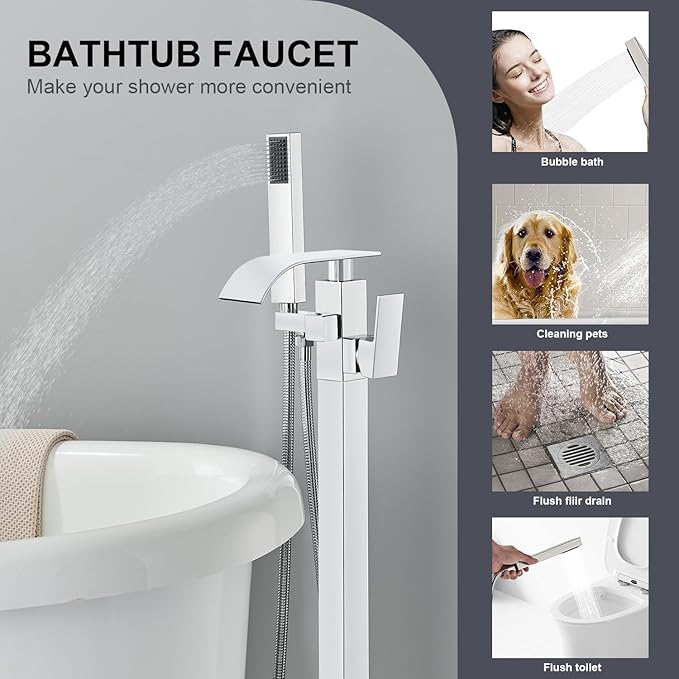 Senlesen Bathroom Chrome Freestanding Tub Faucet Floor Mounted Bathtub Shower Faucet with Handheld Sprayer