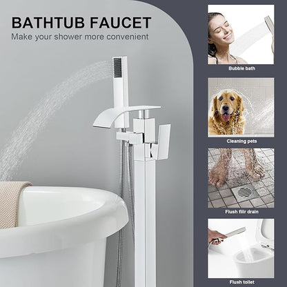Senlesen Bathroom Chrome Freestanding Tub Faucet Floor Mounted Bathtub Shower Faucet with Handheld Sprayer