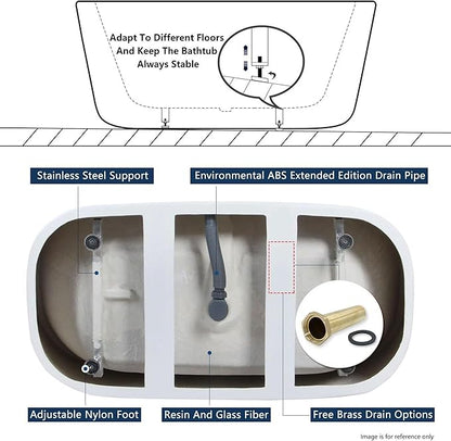 FerdY Bali 59" Acrylic Freestanding Bathtub, Gracefully Shaped Freestanding Soaking Bathtub with Brushed Nickel Drain & Minimalist Linear Design Overflow, Glossy White, cUPC Certified