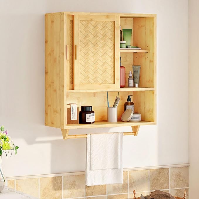 HOOBRO Bathroom Cabinet Wall Mounted, Bamboo Medicine Cabinet with Towels Bar & Adjustable Shelves, Over Toilet Cabinet, 23.6 x 7.9 x 28.5 Inches, for Bathroom, Laundry, Kitchen, Natural YL63CW01