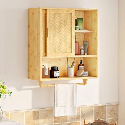HOOBRO Bathroom Cabinet Wall Mounted, Bamboo Medicine Cabinet with Towels Bar & Adjustable Shelves, Over Toilet Cabinet, 23.6 x 7.9 x 28.5 Inches, for Bathroom, Laundry, Kitchen, Natural YL63CW01