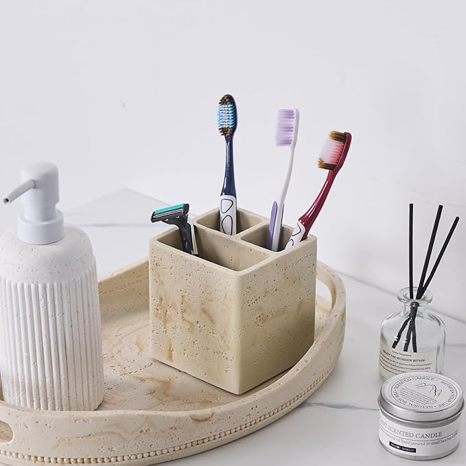 Natural Travertine Textures Toothbrush Holders for Bathroom, Electric Toothbrush and Toothpaste Holder 3 Slots Tooth Brush Organizer for Bathroom Countertop, Shower, Vanity