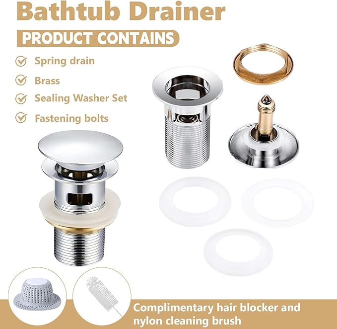 【Limited-time Promotion】 Pop Up Freestanding Tub Drain Plug, 2025 Upgraded freestanding tub Drain，Rust-Proof and Clog-Proof (for Most freestanding bathtubs) (Cold Silver)