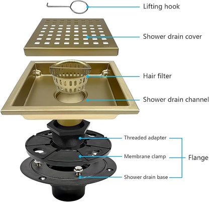 6 Inch Square Shower Drain with Flange, Removeable Grate SUS 304 Stainless Steel Shower Drain with Hair Catcher (Brushed Gold, 6 Inch)