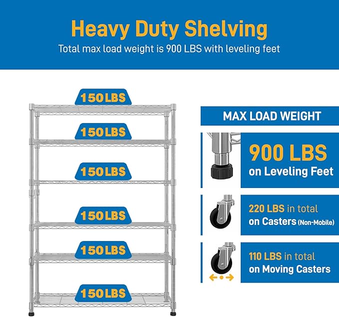 6 Tier Storage Racks Shelving, Heavy Steel Pantry Shelves, Adjustable Wire Shelving Rack with Wheels, Suitable for Garage, Kitchen, Bathroom, Office, 46" W x 18" D x 82" H, Chrome