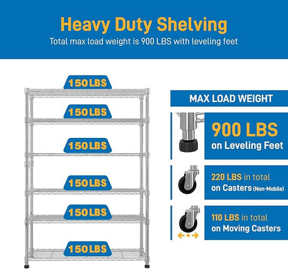 6 Tier Storage Racks Shelving, Heavy Steel Pantry Shelves, Adjustable Wire Shelving Rack with Wheels, Suitable for Garage, Kitchen, Bathroom, Office, 46" W x 18" D x 82" H, Chrome