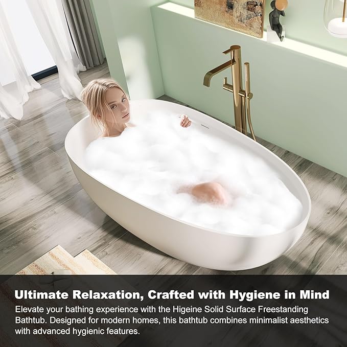 65" Premium Solid Surface Freestanding Bathtub, Upgraded Inside White and Outside Green Stone Resin Tub with Overflow and Pop-up Drain, Matte