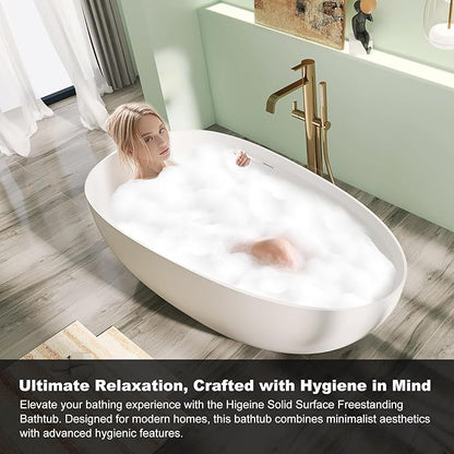61" Premium Solid Surface Freestanding BathTubs, Upgraded Camel Design Stand Alone Tub with Overflow and Pop-up Drain