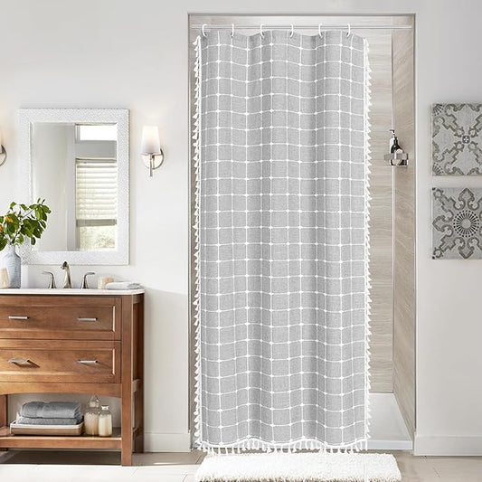 MitoVilla Grey Boho Small Stall Shower Curtain Set 36 x 72, Half Size Narrow Polyester Linen Fabric Shower Curtains for Farmhouse Bathroom Decor, Light Grey