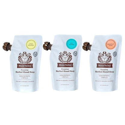Moon Valley Foaming Hand Soap Refill Pouch, Three-Pack Lemon Rosemary, Mint Lavender, Grapefruit Soap, Vegan and Non-GMO, Environmentally Friendly Option