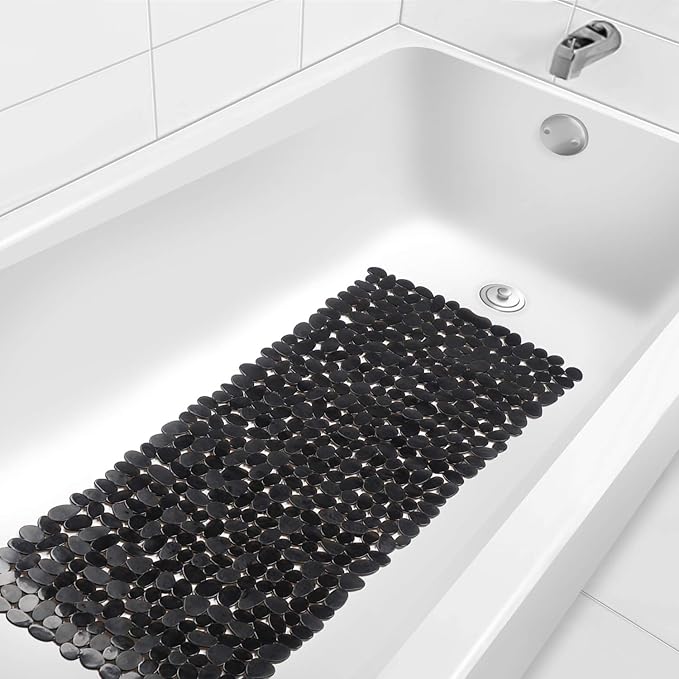 WELTRXE Non Slip Bathtub Mat 35 x 16 Inches Pebbles Shower Mats with Suction Cups, Drain Holes for Bathroom Showers, Tub, Machine Washable Bathroom Mats BPA, Latex Free Safe Tub Mats - Black