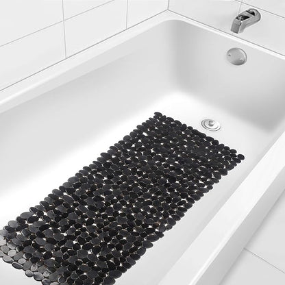 WELTRXE Non Slip Bathtub Mat 35 x 16 Inches Pebbles Shower Mats with Suction Cups, Drain Holes for Bathroom Showers, Tub, Machine Washable Bathroom Mats BPA, Latex Free Safe Tub Mats - Black
