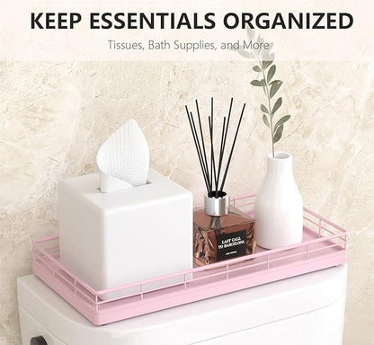 Toilet Tank Tray Organizer – Oak Wood Bathroom Counter Basket with Metal Frame, Back of Toilet or Tank Top Paper Holder Storage – Pink Modern Decor