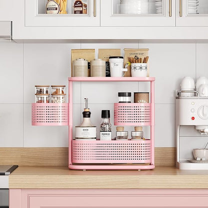 KINGRACK 3 Tier Bathroom Organizer Countertop, Multi-Purpose Makeup Organizer, Rotating Desktop Skincare Organizer, Vanity Tray Standing Rack for Bathroom, Pink