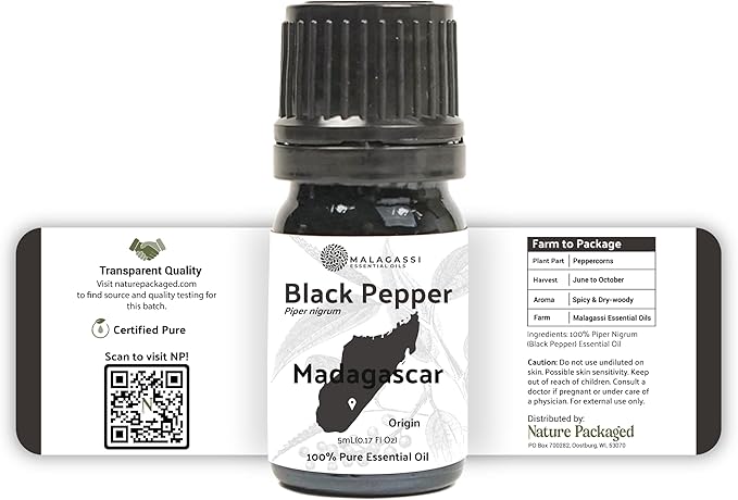 Black Pepper Essential Oil - Direct from Madagascar Farms - Steam Distilled - Aceite Pimienta Negra for Aromatherapy, Massage, Diffuser, DIY Candle and Soap Making - 2lbs
