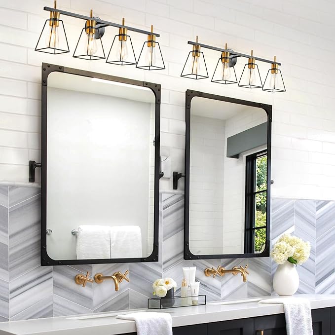Industrial Bathroom Vanity Lights: 4 Light Black and Gold Vintage Metal Cage Wall Sconce - Rustic Farmhouse Wall Light Fixture Over Mirror Cabinet for Bedroom Living Room