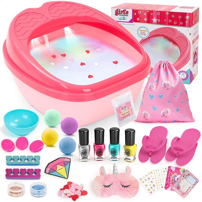 Kids Foot Spa & Nail Art Kit for Kids 4-12 – All-in-1 Foot Spa Set with Colorful Lights & Manicure Set – Fun Girls Spa Kit for Parties & Christmas Birthday Gifts for 6 8 9 10-12 Year Old Girls