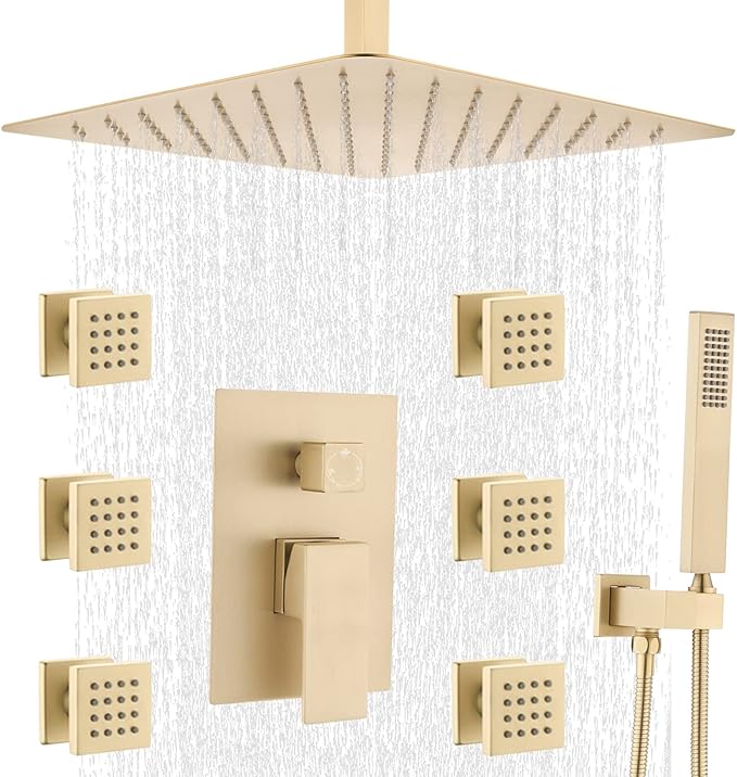 Rain Shower System, 16 Inch Ceiling Mounted Shower Faucet, Shower Combo Set with Rain Shower, Handheld Shower Head, 6 Massage Body Sprays and Pressure Balance Valve Kit