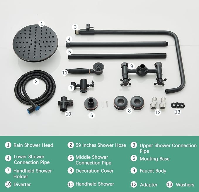 Rain Shower System Oil Rubbed Bronze Outdoor Shower Faucet Set with 8 Inch Rainfall Shower Head Handheld Spray 2 Cross Handles Wall Mounted Bathroom Shower Fixtures Solid Brass
