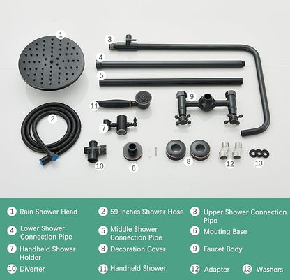 Rain Shower System Oil Rubbed Bronze Outdoor Shower Faucet Set with 8 Inch Rainfall Shower Head Handheld Spray 2 Cross Handles Wall Mounted Bathroom Shower Fixtures Solid Brass