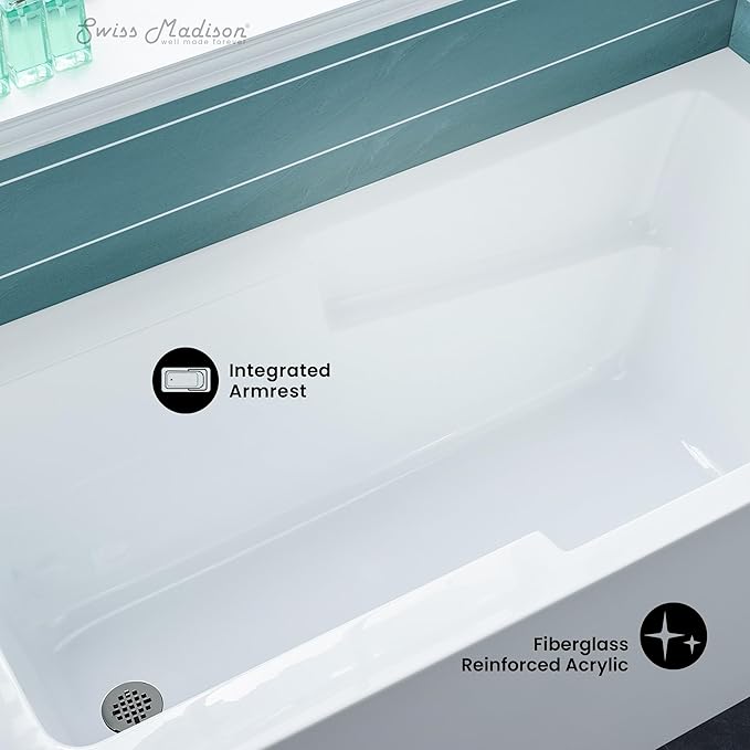 Swiss Madison Well Made Forever SM-AB541 Voltaire Alcove Tub with Armrest 60" x 30" in Glossy White