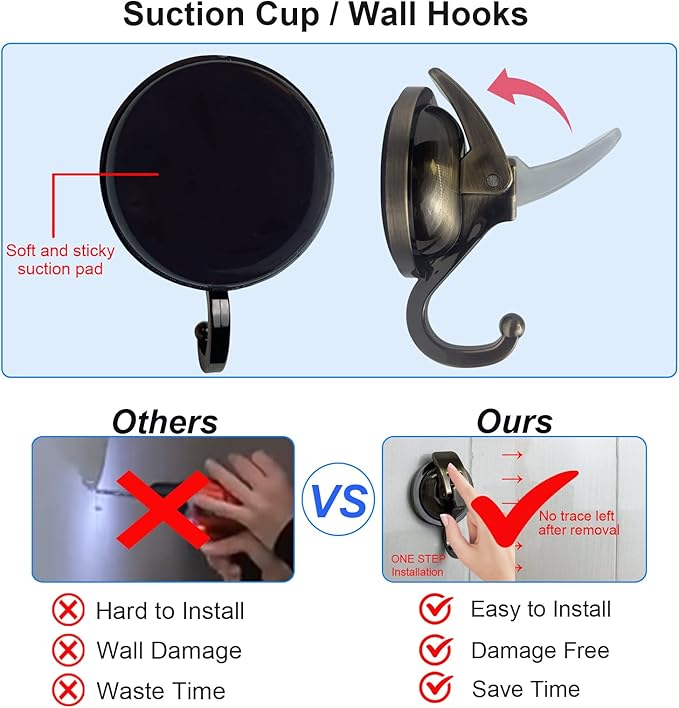 Heavy Duty Vacuum Suction Shower Hooks - Glass Suction Cup Bathroom Robe Hooks, Reusable, No Hole Punched - Bronze, 4 Pack
