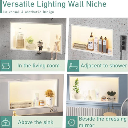 24"x12" Lighted Shower Niche ，Stainless Steel Waterproof Shower Storage with Lighting ，No Tile Needed ，Matte White （ 24 x 12 in）