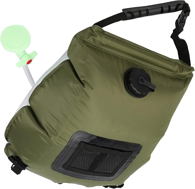 Outdoor Solar Heated Shower Bath Bag, Portable Camping Water Storage Bags with Thermometer, 20L PVC Foldable Shower Bag for Hiking Travel Beach Swimming, Includes Hose Nozzle and M