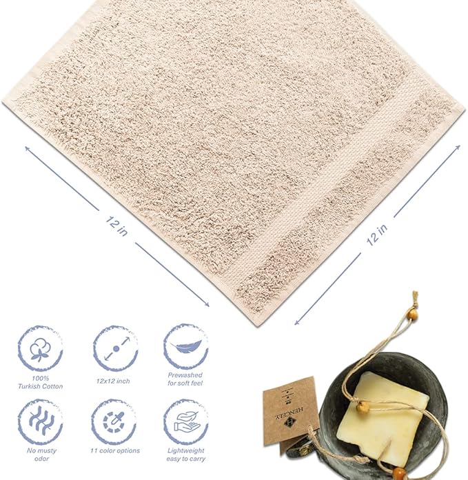Hencely Premium 6-Pack Washcloths 12x12 Inches Soft Turkish Cotton High Absorbent and Quick Dry Dishtowel for Kitchen and Bath (Wash Cloth 6 Pack, Beige)