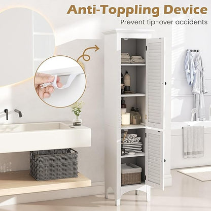 Tangkula 63" Tall Bathroom Storage Cabinet, Freestanding Narrow Linen Tower with Adjustable Shelf, Modern Slim Floor Cabinet with 2 Doors for Bathroom, Living Room, Kitchen (White)