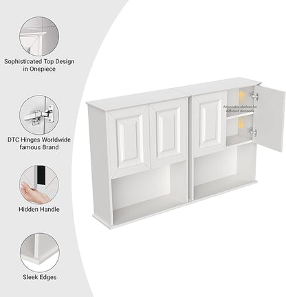 Bathroom Wall Cabinet Wooden with 2 Doors,Over the Toilet Storage Cabinet,Bathroom and Laundry Wall Mount Storage Medicine Cabinet with Open and Adjustable Shelf,Easy Assembly (Style B-2 PC, White)