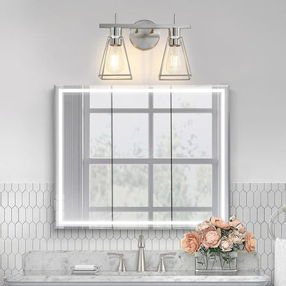 Industrial Bathroom Vanity Lights: 2 Light Silver Brushed Nickel Vintage Metal Cage Wall Lamps - Rustic Farmhouse Light Fixture Over Mirrors Cabinet for Home Hallway