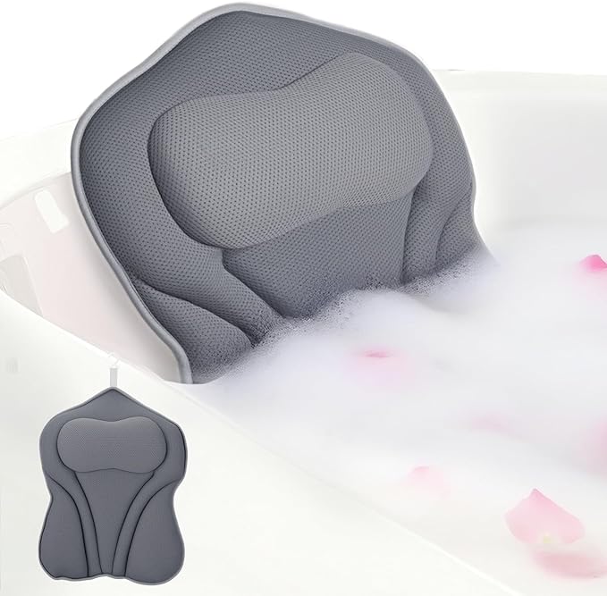 Bath Pillow PYRRHIC - Luxury Bathtub Pillow 5D Mesh with Neck & Back Support Non-Slip Suction Cups Fast Drying Soft Spa Pillow Relaxing Bath Accessories with Hook Laundry Bag Grey