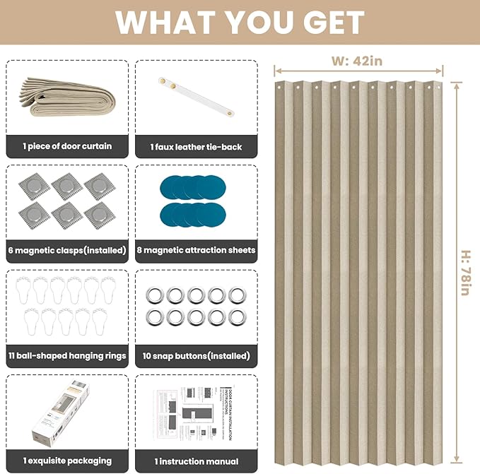 100% Blackout Fabric Folding Door Curtain with Magnetic Closure - Accordion Style for Sliding Doors, Closets,Wardrobe and Temporary Door Solutions Doorway Curtains（W42 x L78, Beige 1 Panel）