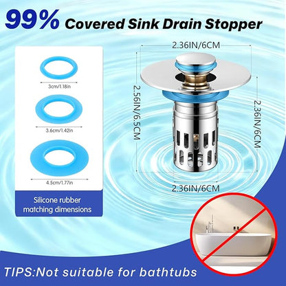 Upgraded Bathroom Sink Drain Strainer, Universal Stainless Steel Sink Stopper with Filter Basket Hair Catcher, Sink Plug for 1.05-2.0" Basin, Brass Bullet Core, Chrome