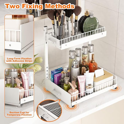 Under Sink Organizer,2 Tier Slide Out Kitchen Cabinet Organizers with Pulley,Under Bathroom Sink Pull Out Organizer with Multiple Height Adjustments for Kitchen and Bathroom Cabinets (White)