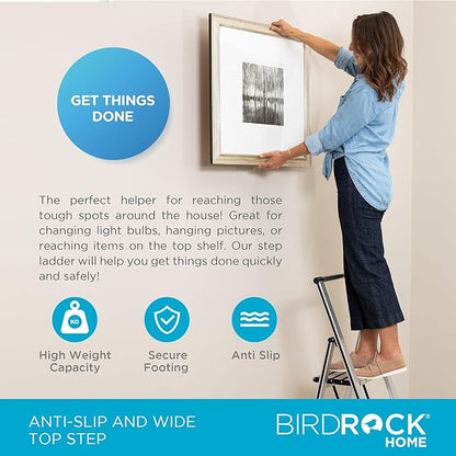 BIRDROCK HOME 3 Step Ladder | Folding Anti-Slip Step Stool, 250 lb Capacity | Lightweight, Slim & Sturdy Design for Household, Kitchen, Garage, Indoor & Outdoor Use | Collapsible, Portable, Heavy-Duty
