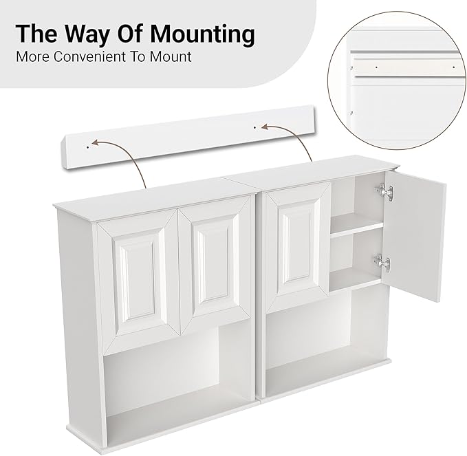 Bathroom Wall Cabinet Wooden with 2 Doors,Over the Toilet Storage Cabinet,Bathroom and Laundry Wall Mount Storage Medicine Cabinet with Open and Adjustable Shelf,Easy Assembly (Style B-2 PC, White)
