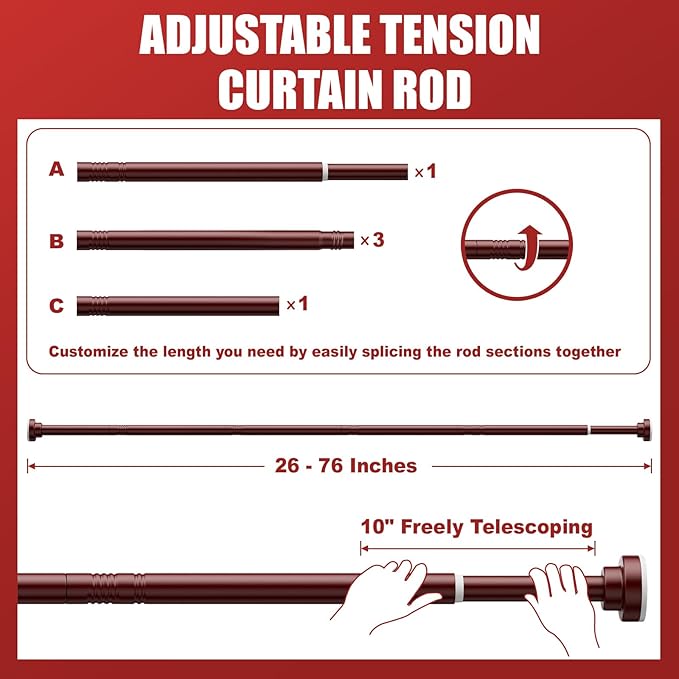 Ausemku Shower Curtain Rod Tension - 26-76 Inch Never Rust Non-Slip Spring Tension Curtain Rod No Drilling Stainless Steel Curtain Rod Use Bathroom Kitchen（Brown）