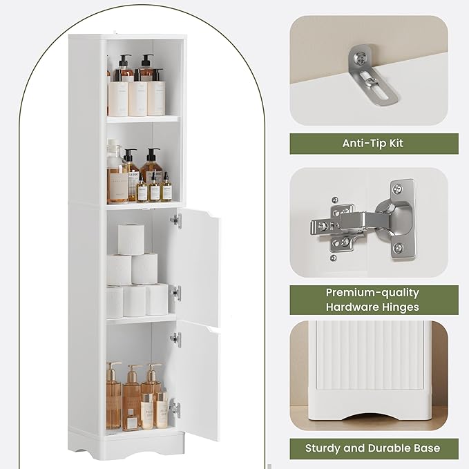 67" Tall Bathroom Organizer and Storage, Narrow Storage Cabinet with 2 Doors and 4 Shelves, Freestanding Floor Storage Unit,15.7" W x 11.8" D x 66.9" H, White