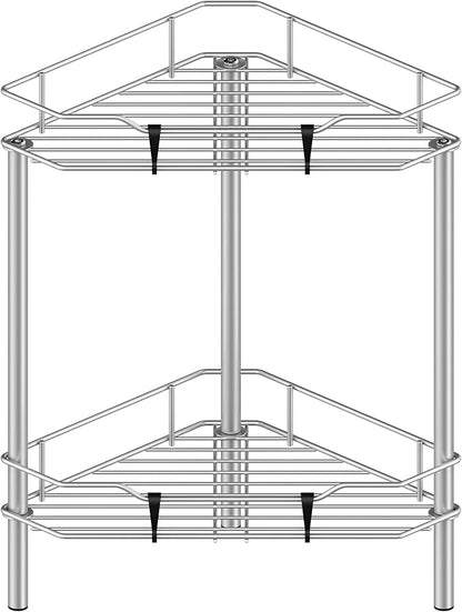 2 Tier Floor Standing Corner Shower Caddy Organizer Shelf with Hooks, Bathroom Shelves Stand Rack, Gray