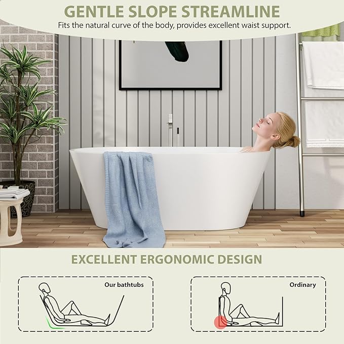 Mocoloo 59 Inch Freestanding Bathtub - Acrylic Soaking White Tub for Bathroom Stand Alone Ergonomic Modern Bathtub with Overflow and Black Offset Drain