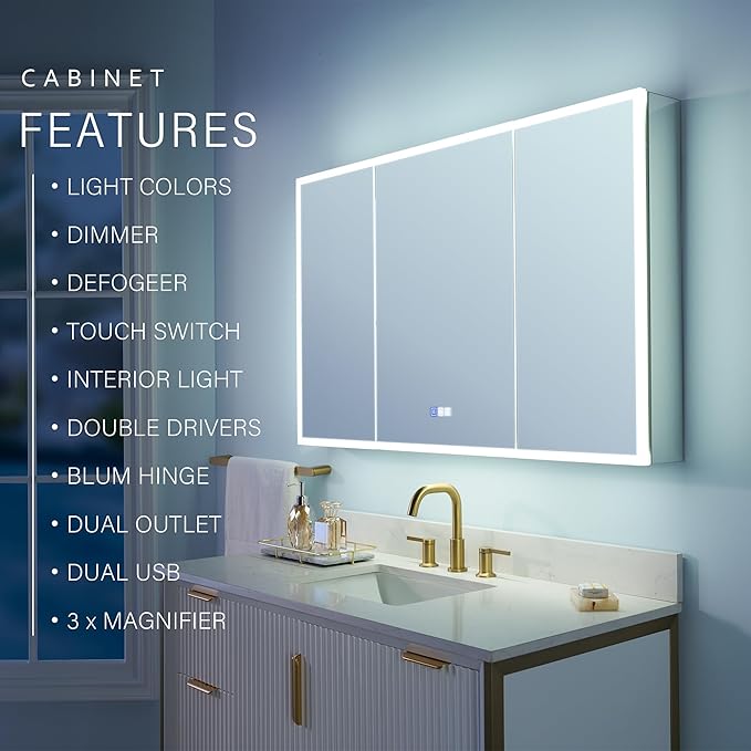 WELLFOR 48" X 30" LED Medicine Cabinet with Mirror, 3X Magnifiying Mirror Cabinet, Defogging/Dimmable Bathroom Mirrored Cabinet, Lighted Medicine Cabinet with Outlets & USB Ports, Three Doors