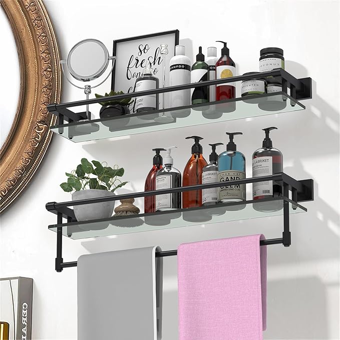 Glass Shelf for Bathroom Wall Sheves 24 inch Rectangular Stainless Steel Tempered Glass Modern Stainless Steel Wall Mount Accessories Organizers Storage (Matte Black)